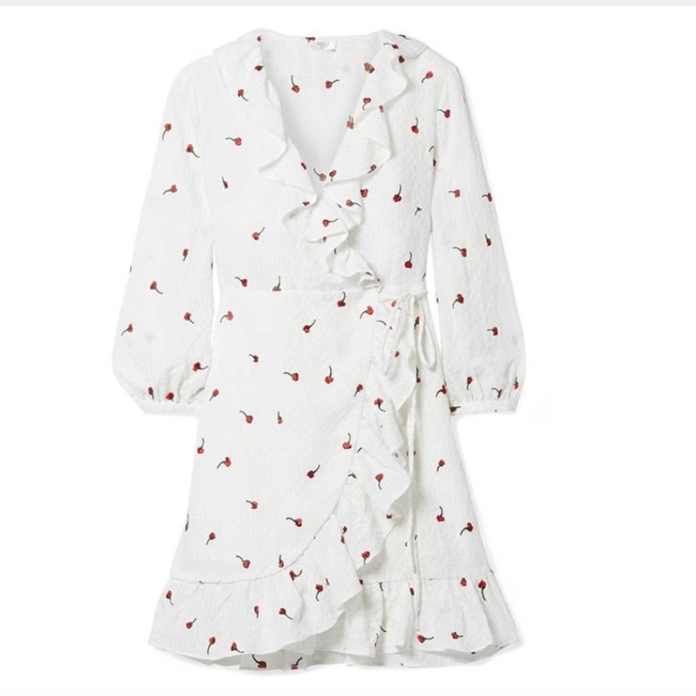 Rixo London Abigal Ruffled Embroidered Gauze Wrap Mini Dress